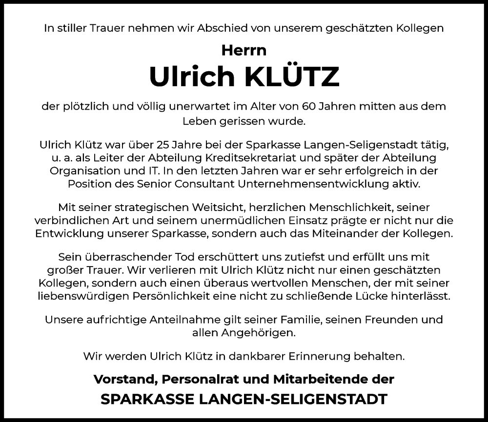  Traueranzeige für Ulrich Klütz vom 03.05.2025 aus Darmstädter Echo