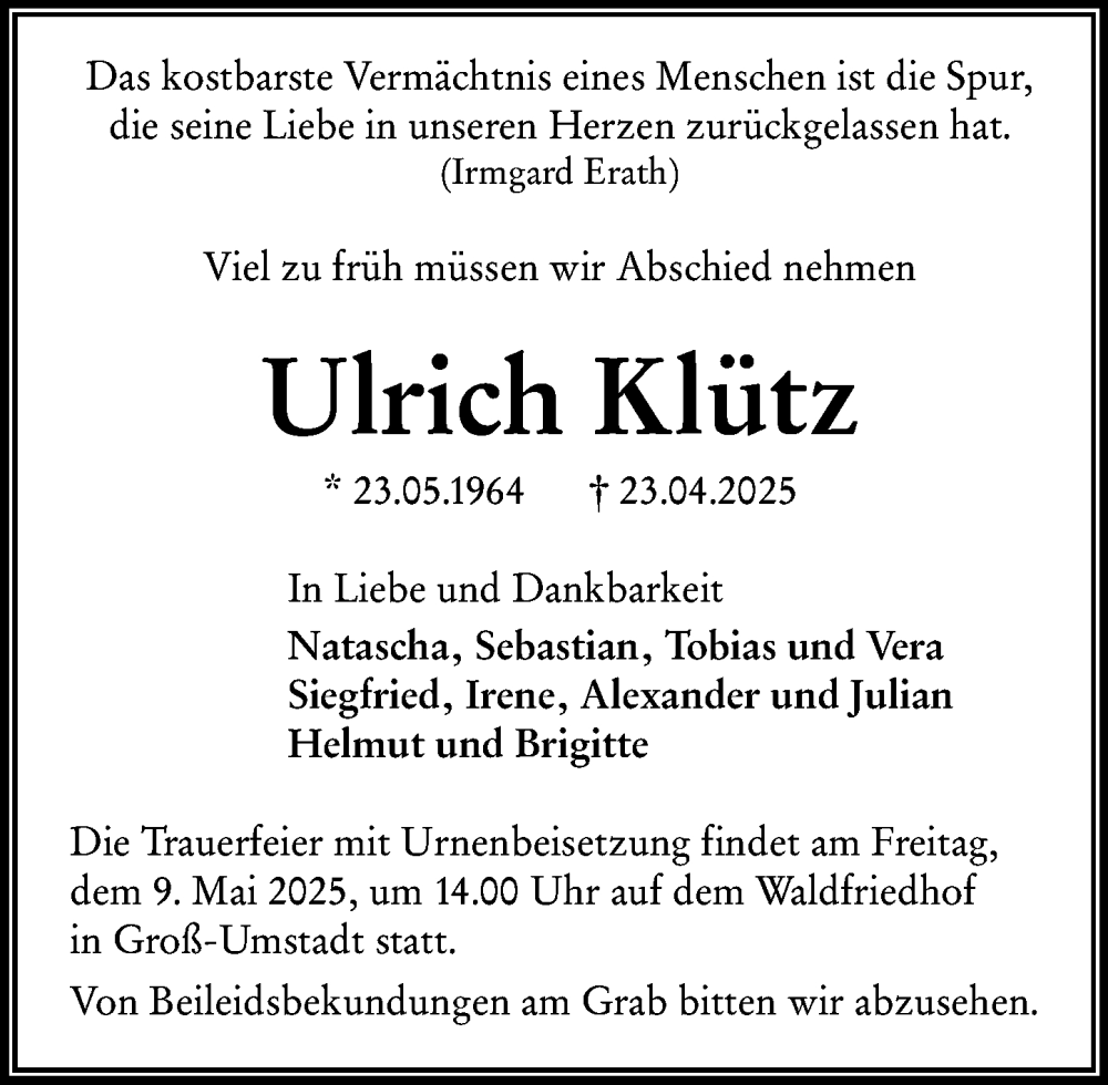  Traueranzeige für Ulrich Klütz vom 03.05.2025 aus Darmstädter Echo