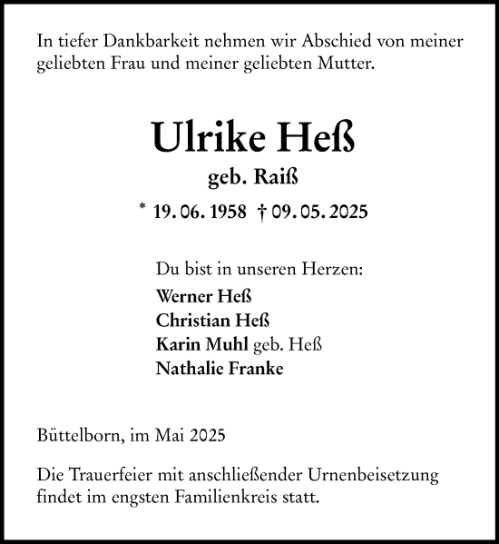 Traueranzeige von Ulrike Heß von Groß-Gerauer Echo