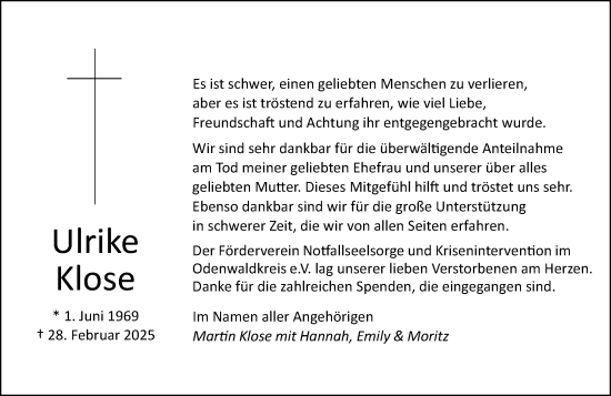 Traueranzeige von Ulrike Klose von Odenwälder Echo