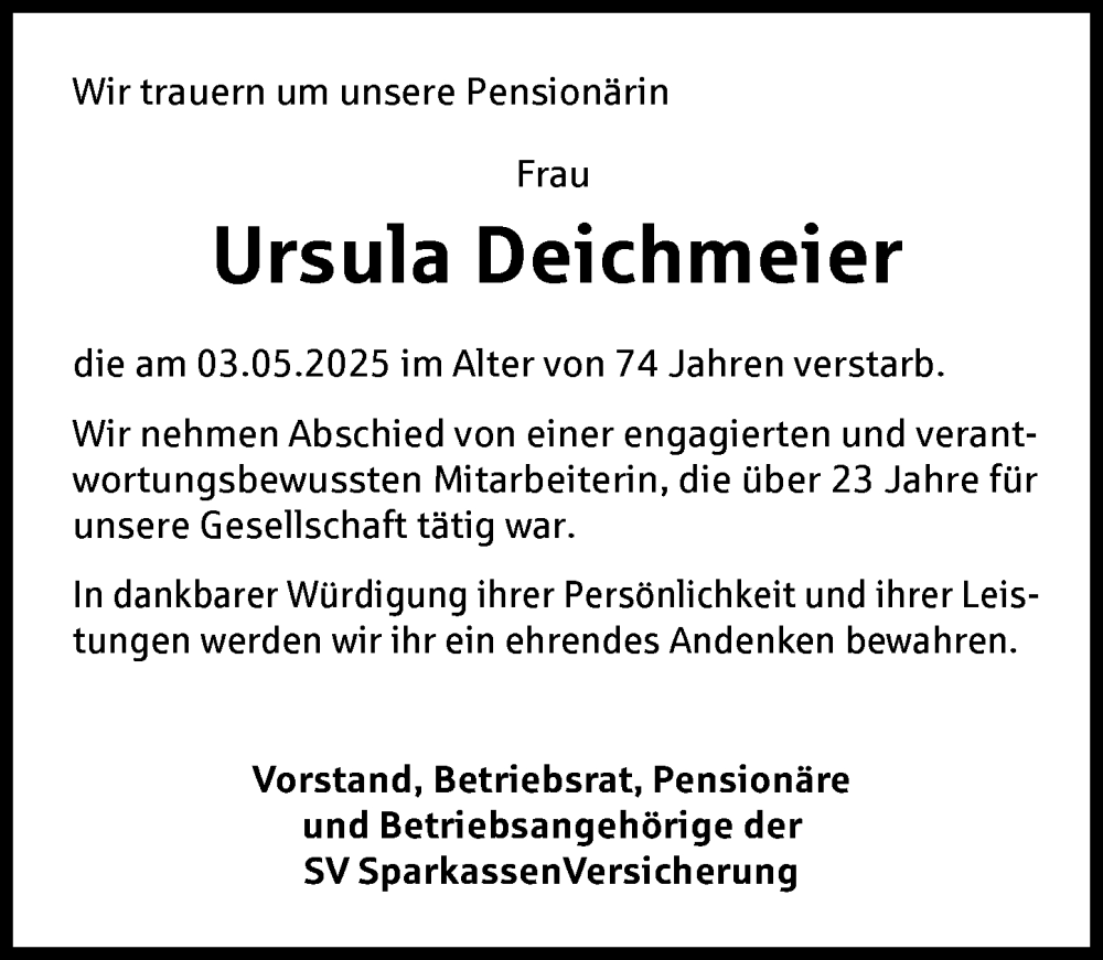  Traueranzeige für Ursula Deichmeier vom 24.05.2025 aus Wiesbadener Kurier