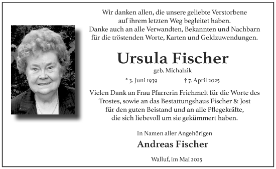 Traueranzeige von Ursula Fischer von Wiesbadener Kurier