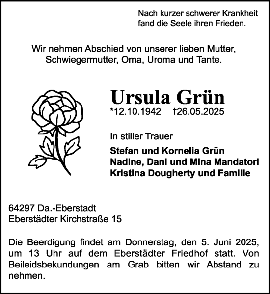Traueranzeige von Ursula Grün von Darmstädter Echo