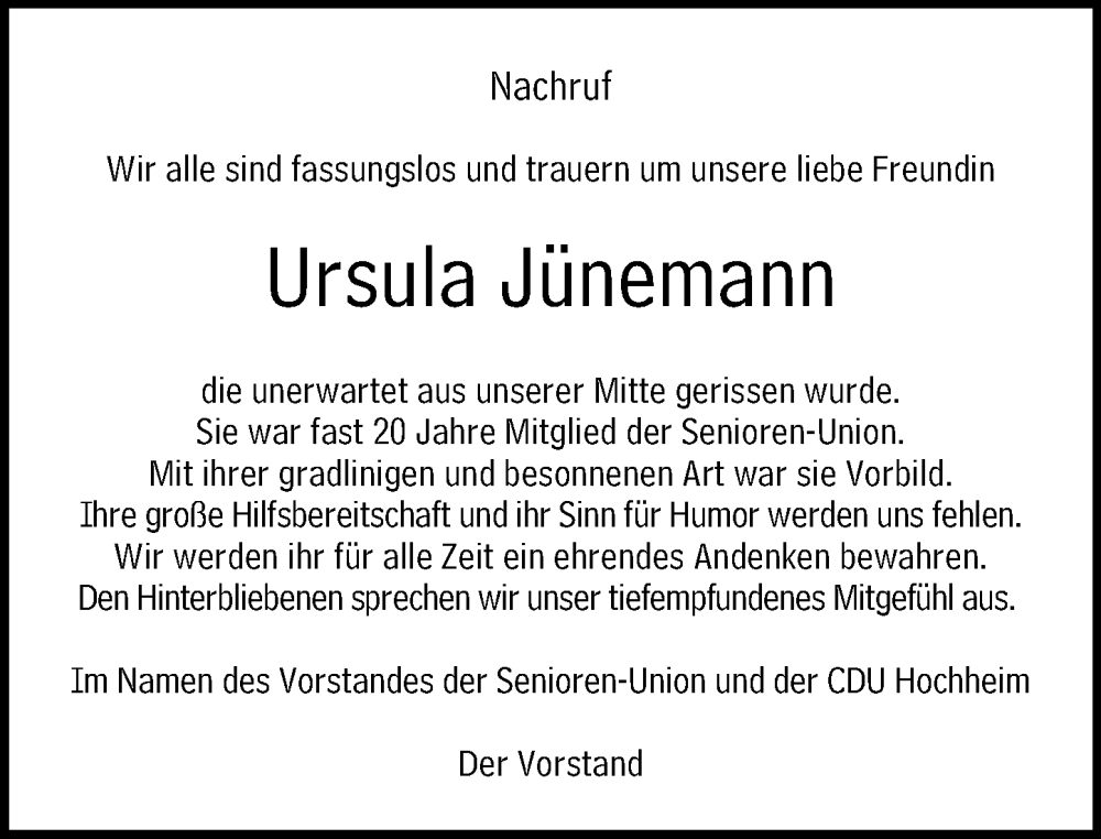  Traueranzeige für Ursula Jünemann vom 09.05.2025 aus Hochheimer Zeitung