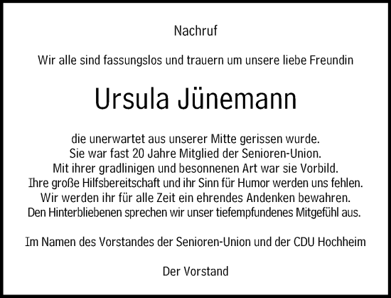 Traueranzeige von Ursula Jünemann von Hochheimer Zeitung