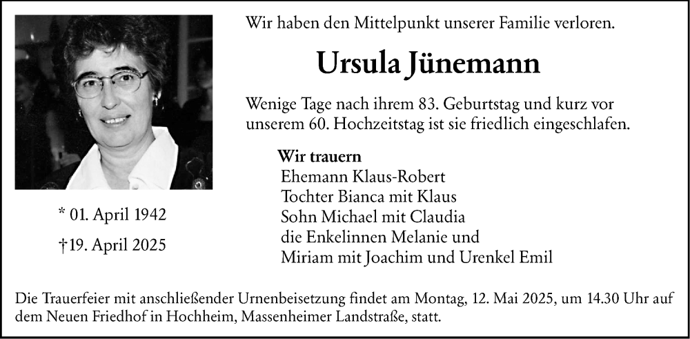  Traueranzeige für Ursula Jünemann vom 09.05.2025 aus Hochheimer Zeitung