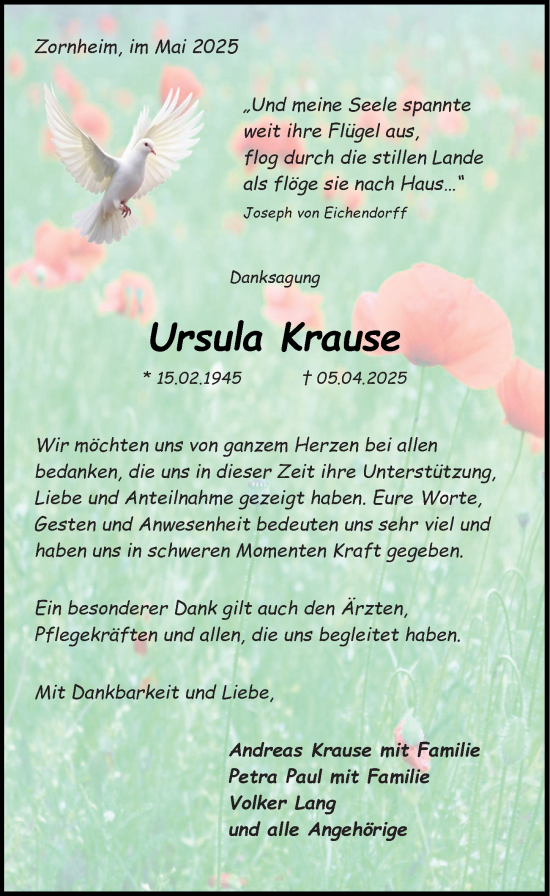 Traueranzeige von Ursula Krause von Allgemeine Zeitung Mainz