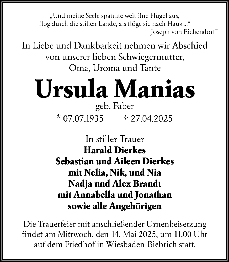  Traueranzeige für Ursula Manias vom 10.05.2025 aus Wiesbadener Kurier