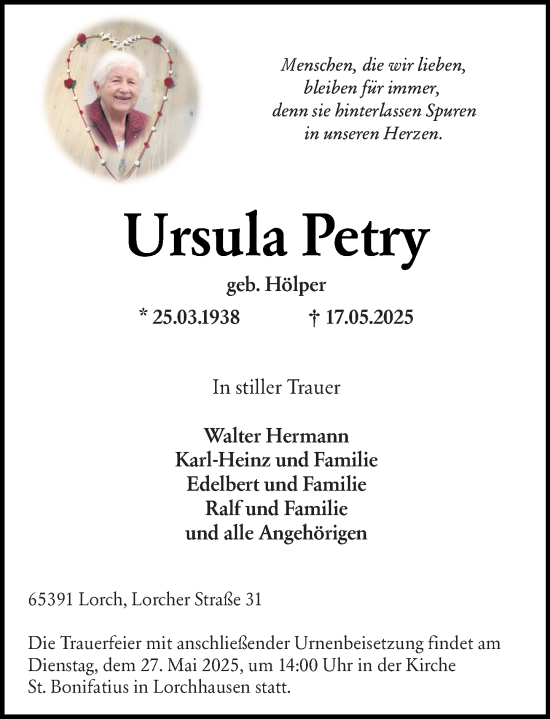 Traueranzeige von Ursula Petry von Rheingau Kurier