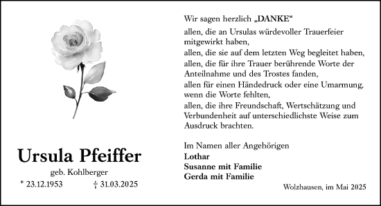 Traueranzeige von Ursula Pfeiffer von Hinterländer Anzeiger