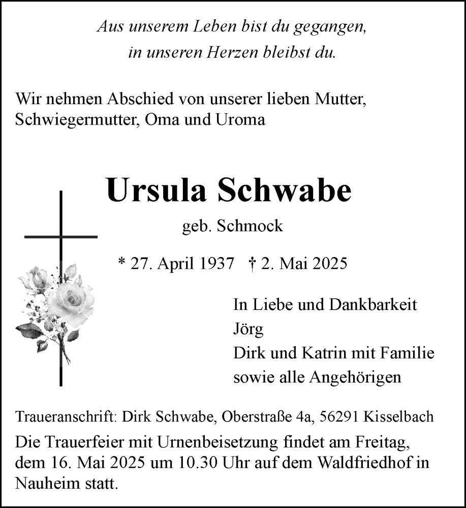  Traueranzeige für Ursula Schwabe vom 10.05.2025 aus Rüsselsheimer Echo