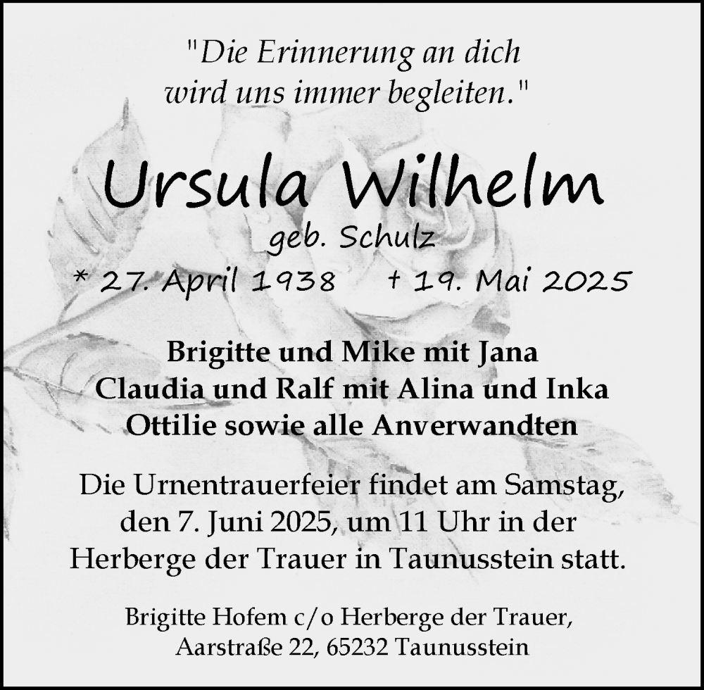  Traueranzeige für Ursula Wilhelm vom 31.05.2025 aus Idsteiner Land/Untertaunus