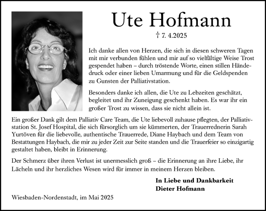 Traueranzeige von Ute Hofmann von Wiesbadener Kurier