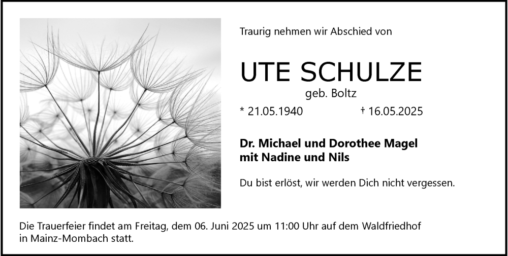  Traueranzeige für Ute Schulze vom 31.05.2025 aus Allgemeine Zeitung Mainz