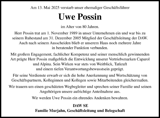 Traueranzeige von Uwe Possin von Darmstädter Echo