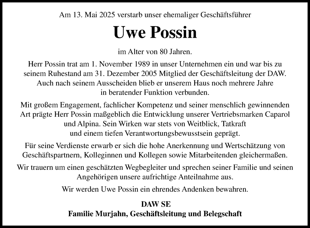  Traueranzeige für Uwe Possin vom 24.05.2025 aus Darmstädter Echo