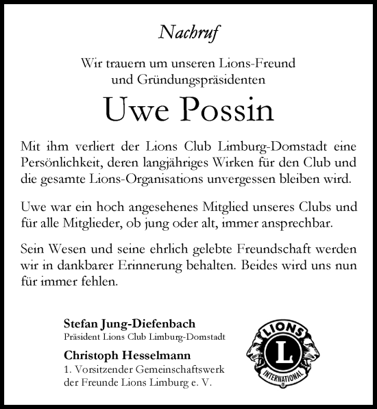 Traueranzeige von Uwe Possin von Nassauische Neue Presse