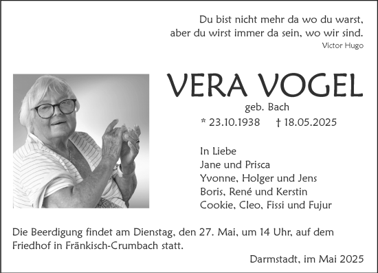Traueranzeige von Vera Vogel von Darmstädter Echo