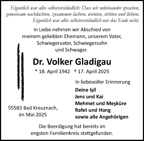 Traueranzeige von Volker Gladigau von Allgemeine Zeitung Rheinhessen-Nahe
