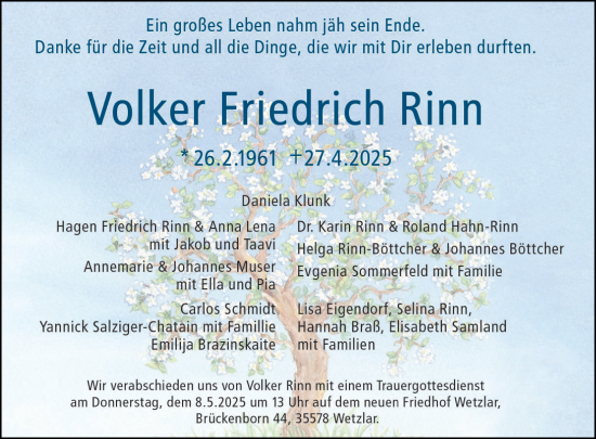 Traueranzeige von Volker Friedrich Rinn von Wetzlarer Neue Zeitung