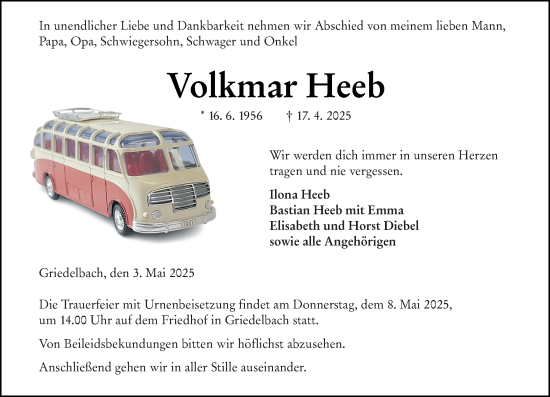Traueranzeige von Volkmar Heeb von Wetzlarer Neue Zeitung