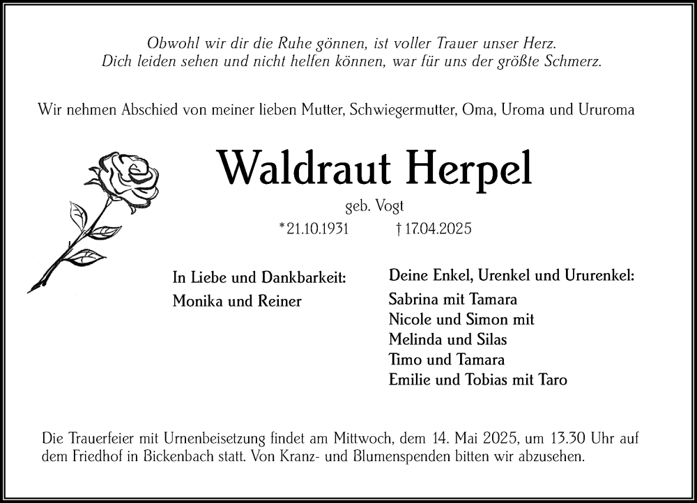  Traueranzeige für Waldraut Herpel vom 03.05.2025 aus Darmstädter Echo