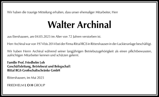 Traueranzeige von Walter Archinal von Dill Block