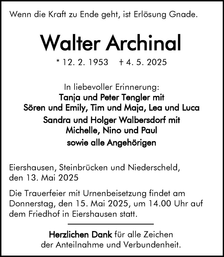  Traueranzeige für Walter Archinal vom 13.05.2025 aus Dill Block