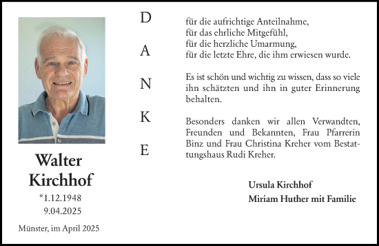 Traueranzeige von Walter Kirchhof von Dieburger Anzeiger/Groß-Zimmerner Lokal-Anzeiger