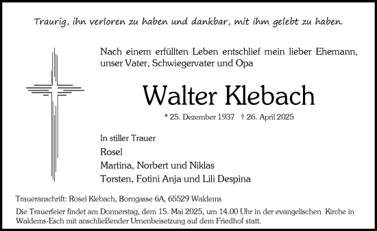 Traueranzeige von Walter Klebach von Camberger Anzeiger