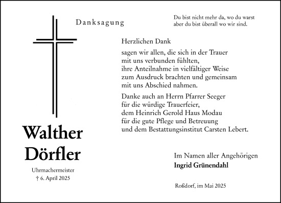 Traueranzeige von Walther Dörfler von Darmstädter Echo