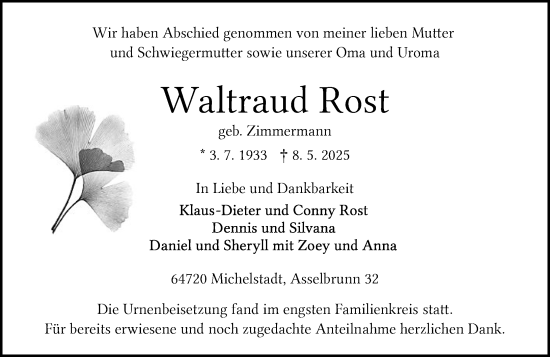 Traueranzeige von Waltraud Rost von Odenwälder Echo
