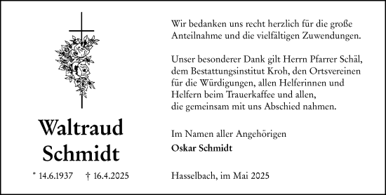 Traueranzeige von Waltraud Schmidt von Weilburger Tageblatt