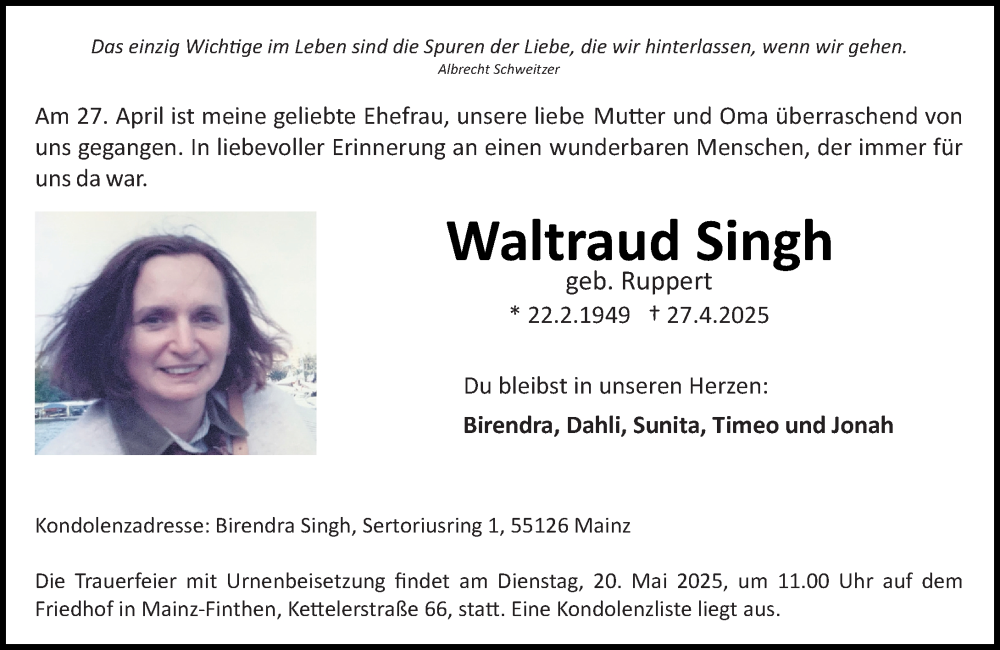  Traueranzeige für Waltraud Singh vom 10.05.2025 aus Allgemeine Zeitung Mainz
