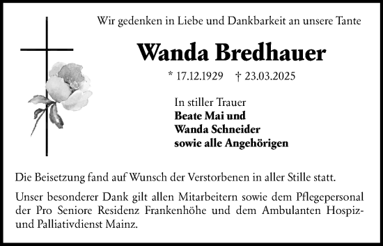 Traueranzeige von Wanda Bredhauer von Allgemeine Zeitung Mainz