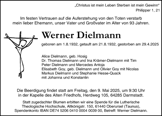 Traueranzeige von Werner Dielmann von Darmstädter Echo