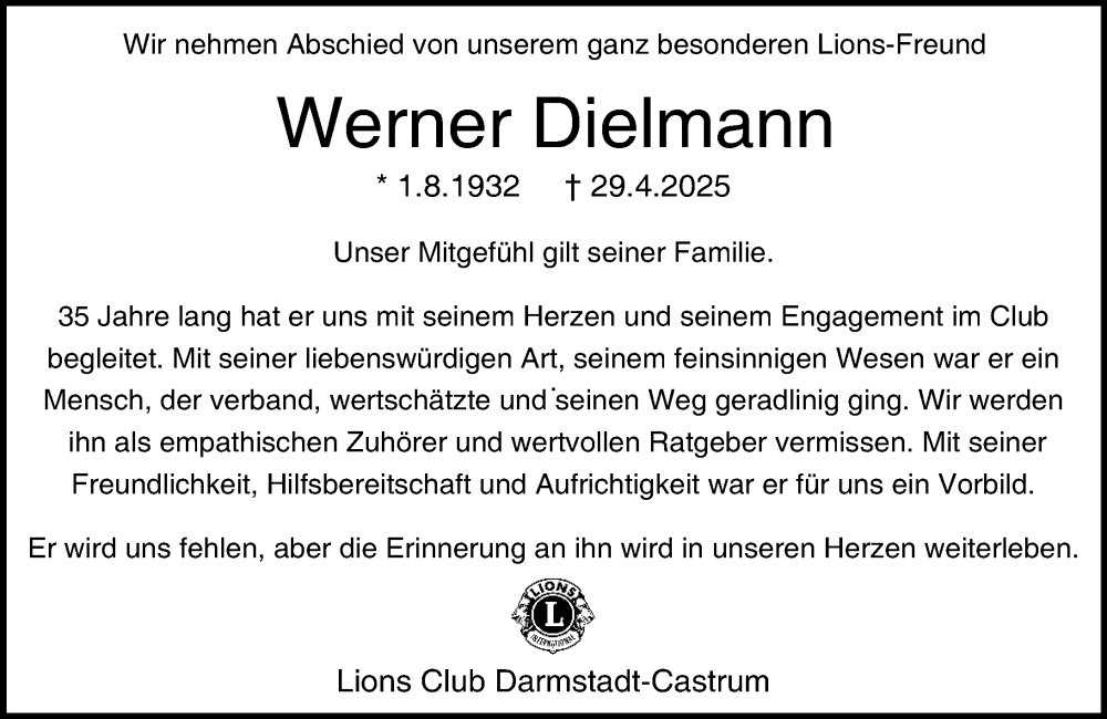  Traueranzeige für Werner Dielmann vom 03.05.2025 aus Darmstädter Echo