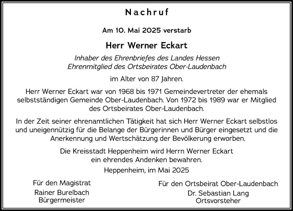  Traueranzeige für Werner Eckart vom 24.05.2025 aus Starkenburger Echo