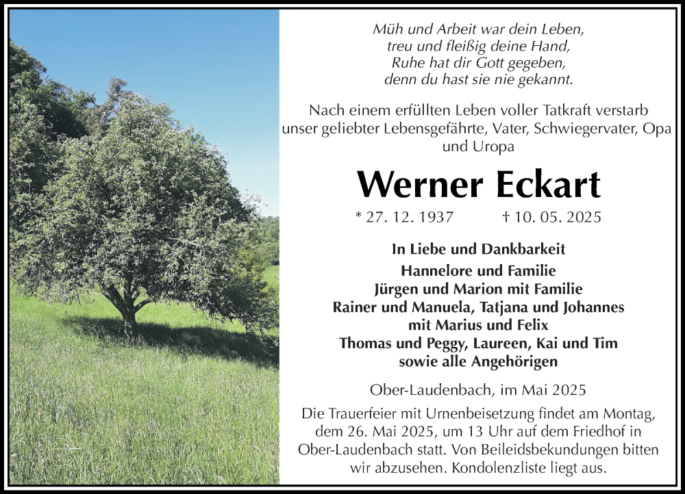  Traueranzeige für Werner Eckart vom 17.05.2025 aus Starkenburger Echo