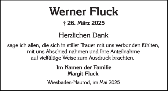 Traueranzeige von Werner Fluck von Wiesbadener Kurier