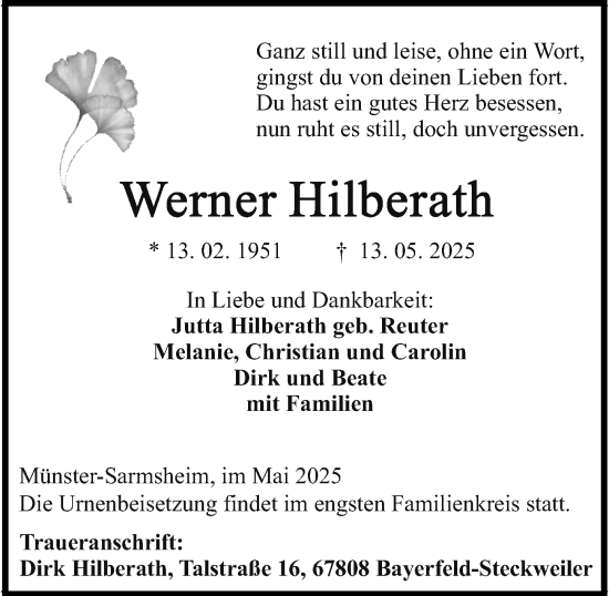 Traueranzeige von Werner Hilberath von Binger-/Ingelheimer Wochenblatt
