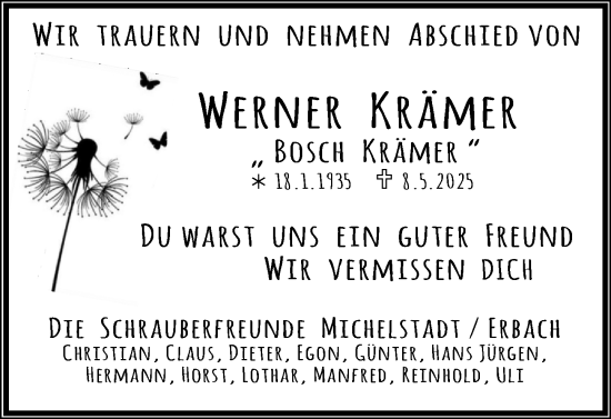 Traueranzeige von Werner Krämer von Odenwälder Echo