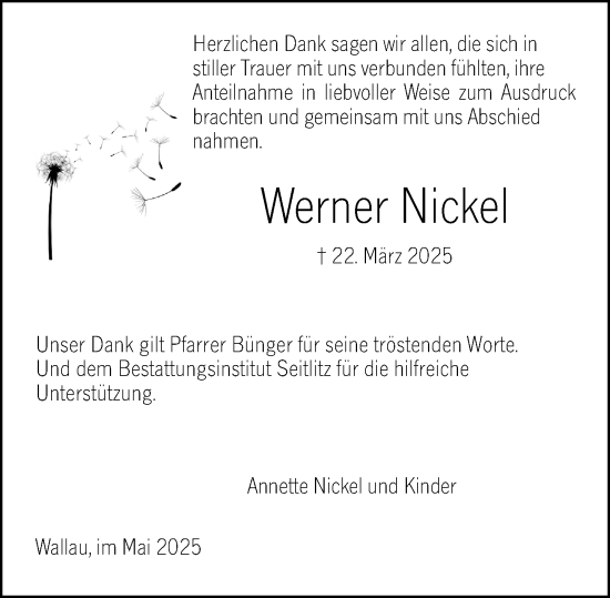 Traueranzeige von Werner Nickel von Hinterländer Anzeiger