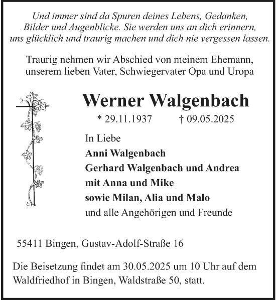 Traueranzeige von Werner Walgenbach von Allgemeine Zeitung Rheinhessen-Nahe