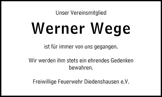 Traueranzeige von Werner Wege von Hinterländer Anzeiger