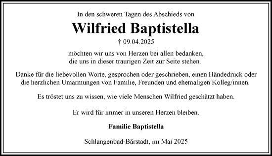Traueranzeige von Wilfried Baptistella von Wiesbadener Kurier
