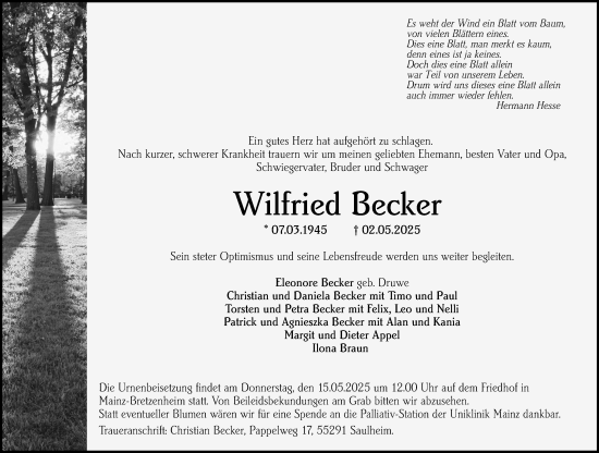 Traueranzeige von Wilfried Becker von Allgemeine Zeitung Mainz