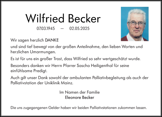 Traueranzeige von Wilfried Becker von Allgemeine Zeitung Mainz