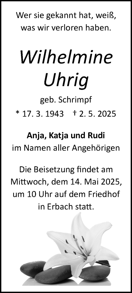  Traueranzeige für Wilhelmine Uhrig vom 10.05.2025 aus Odenwälder Echo