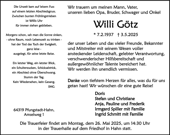 Traueranzeige von Willi Götz von Darmstädter Echo